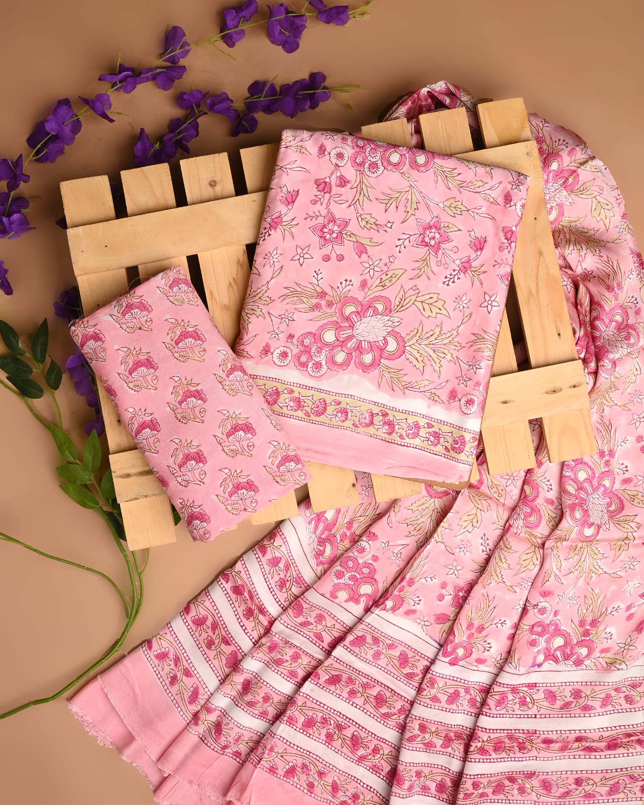 Lime Green Floral Jal Cupro Modal Silk Handblock Printed Dress Material – Premium Wholesale Fabric